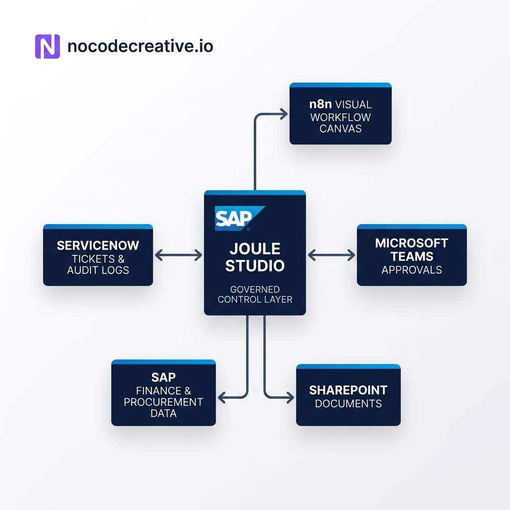 Clean enterprise architecture illustration showing SAP Joule Studio as a governed control layer connected to an n8n visual workflow canvas, Microsoft Teams approvals, SharePoint documents, SAP finance and procurement data, ServiceNow tickets and audit logs. Modern B2B SaaS style with dark navy and SAP blue accents, no brand logos, labelled system boxes only.