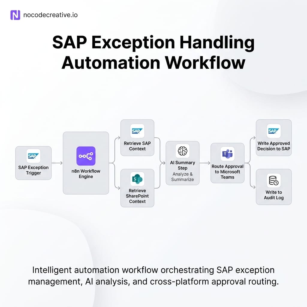 Workflow diagram showing an SAP exception triggering an n8n workflow, retrieving SAP and SharePoint context, using an AI summary step, routing approval to Microsoft Teams, then writing the approved decision back to SAP and an audit log.