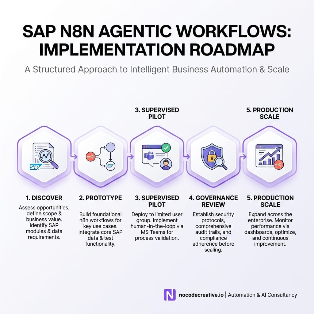 Implementation roadmap graphic for SAP n8n agentic workflows, showing stages labelled discover, prototype, supervised pilot, governance review and production scale.
