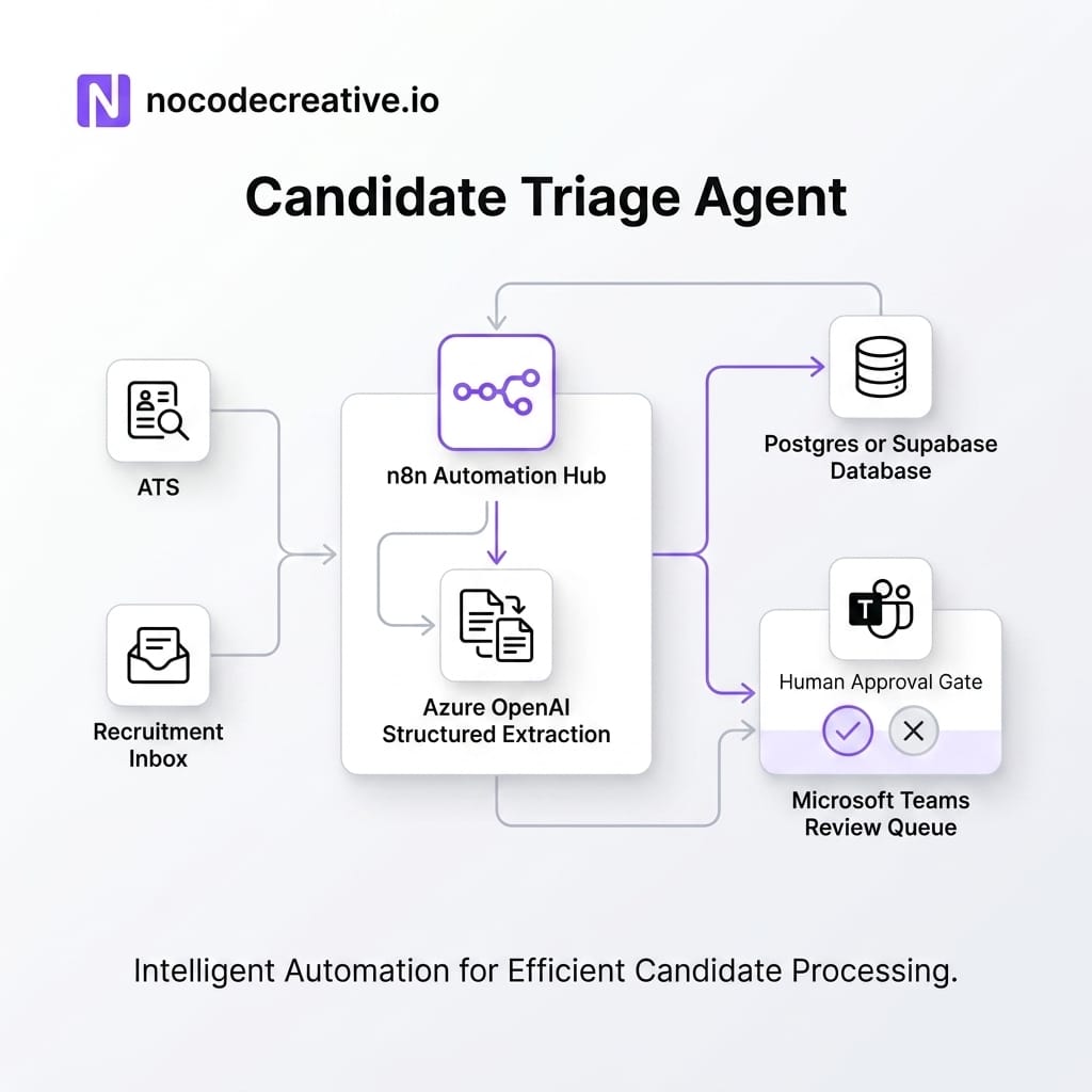 High-level architecture diagram of a candidate triage agent, showing an ATS, recruitment inbox, CV documents, n8n automation hub, Azure OpenAI structured extraction, Postgres or Supabase database, Microsoft Teams review queue and human approval gates, in a clean modern SaaS diagram style