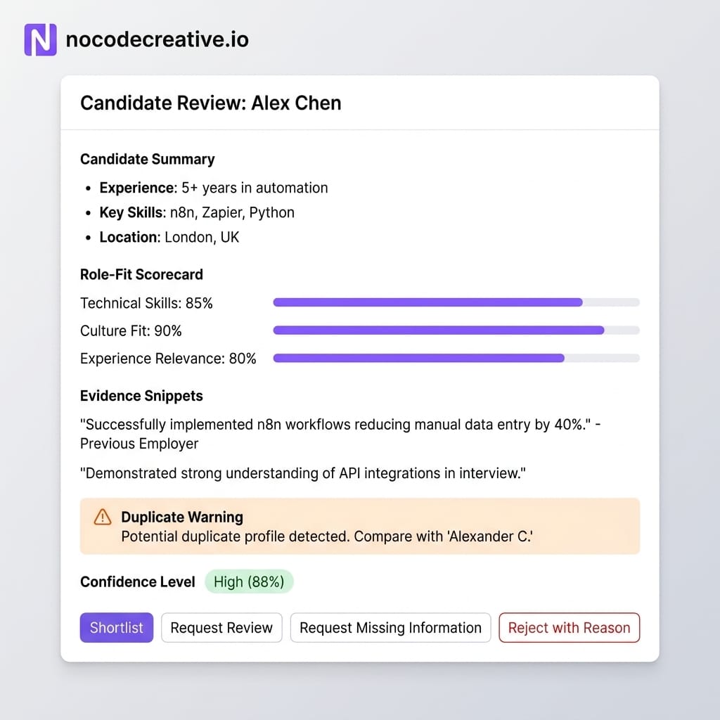 Microsoft Teams style candidate review card showing a structured candidate summary, role-fit scorecard, evidence snippets, duplicate warning, confidence level and buttons for shortlist, request review, request missing information and reject with reason, presented as a clean modern UI mock-up