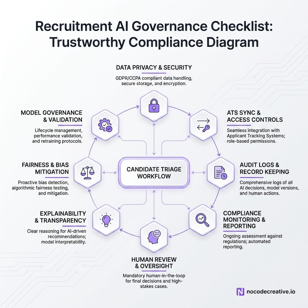 Governance checklist visual for recruitment AI, showing privacy, fairness, explainability, human review, audit logs, access controls and ATS sync as connected checkpoints around a candidate triage workflow, in a trustworthy modern compliance diagram style