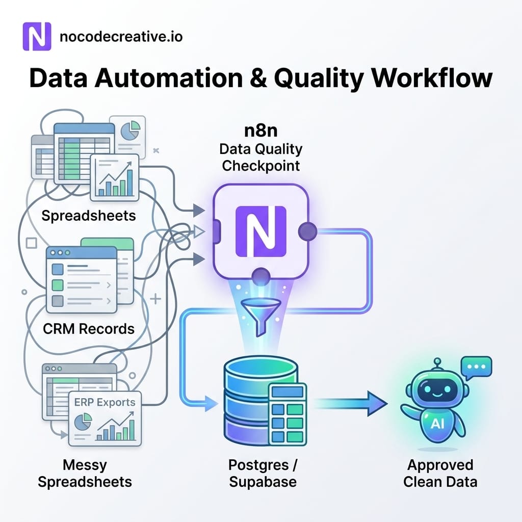 Clean modern business-tech illustration showing messy spreadsheets, CRM records and ERP exports flowing into n8n, then Postgres, and finally an AI assistant.