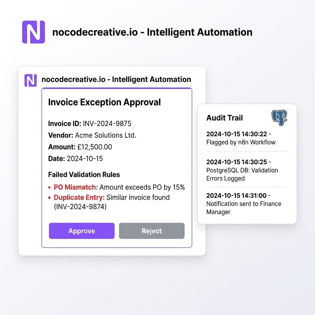 Modern UI mock-up of a Microsoft Teams exception approval card generated by n8n, showing a flagged invoice record, failed validation rules, approve and reject buttons, and an audit trail panel connected to Postgres.