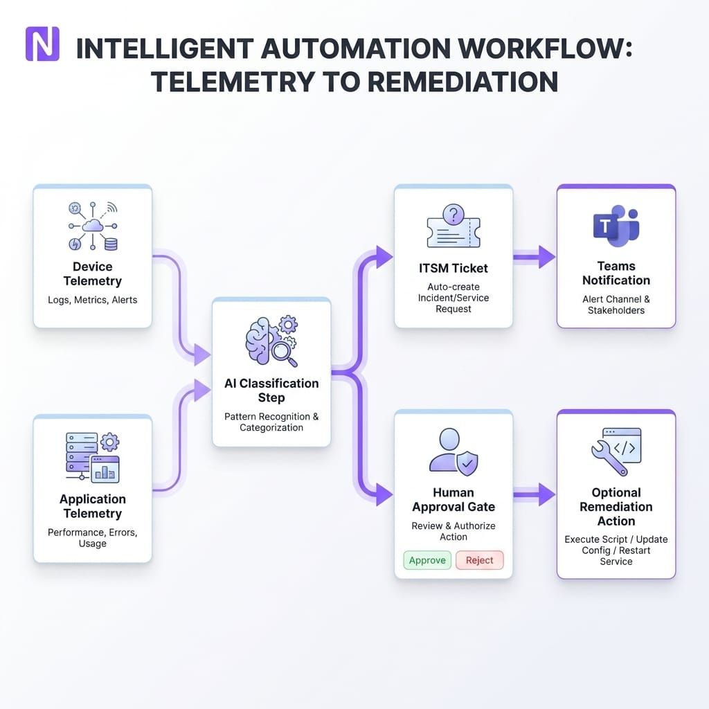 Modern workflow diagram showing telemetry from devices and applications flowing into an AI classification step, then into an ITSM ticket, Teams notification, human approval gate and optional remediation action.