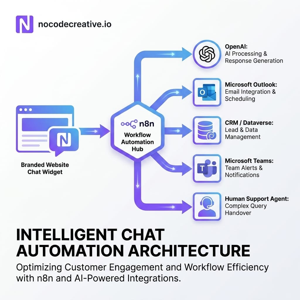 Clean modern architecture diagram showing a branded website chat widget connected to an n8n workflow, then branching to OpenAI, Microsoft Outlook, CRM or Dataverse, Microsoft Teams alerts and a human support agent. Professional blue and purple gradient style with clear labels.
