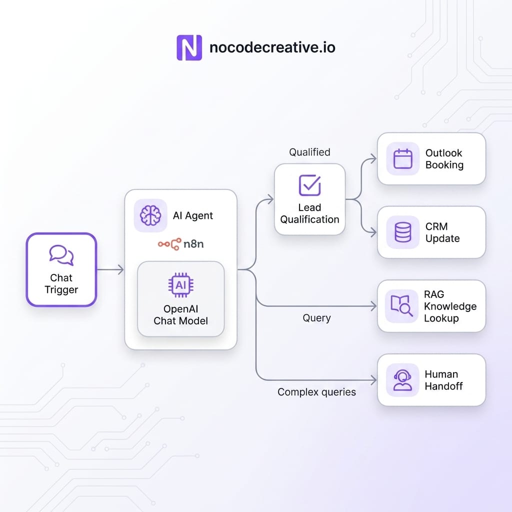 Detailed workflow diagram of an n8n AI chatbot pipeline showing Chat Trigger, AI Agent, OpenAI Chat Model, lead qualification, Outlook booking, CRM update, RAG knowledge lookup and human handoff. Clean product diagram in modern UI style.