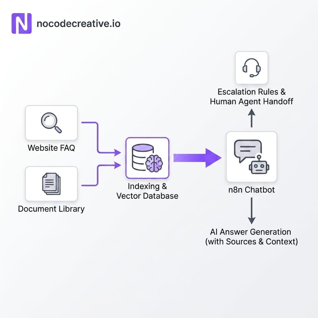 Clean diagram showing a website FAQ and document library being indexed into a vector database, then retrieved by an n8n chatbot before generating an answer with sources and escalation rules. Modern enterprise knowledge assistant style.