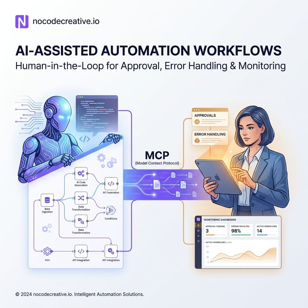 Editorial illustration of an AI coding agent drafting blocks on an n8n-style visual workflow canvas while a human operations lead reviews approvals, error handling and monitoring. Clean modern SaaS style using blue, violet and warm amber, with MCP shown as a labelled connection layer and ample negative space.