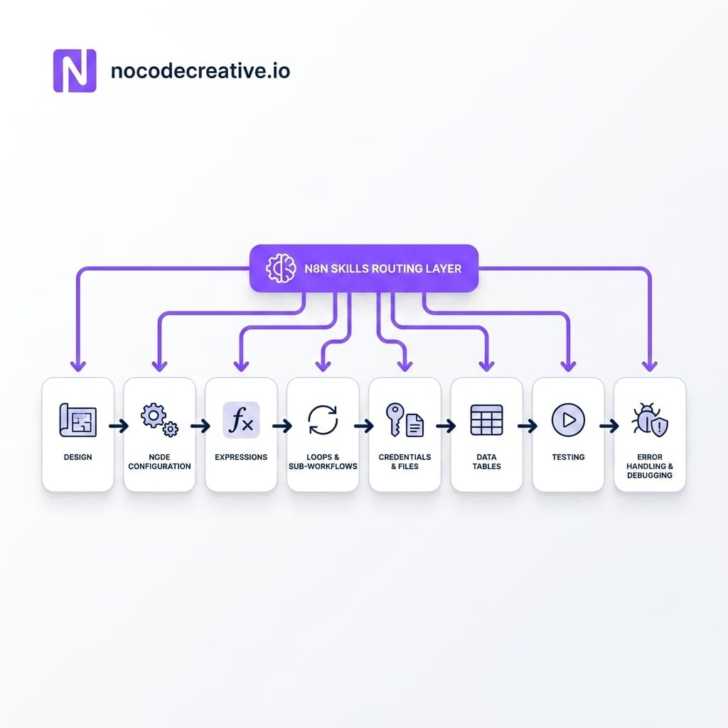 Clean product diagram showing the n8n workflow lifecycle as connected stages: design, node configuration, expressions, loops, sub-workflows, credentials, files, Data Tables, testing, error handling and debugging. Show the n8n Skills routing layer selecting guidance for each stage, in a polished enterprise architecture style.